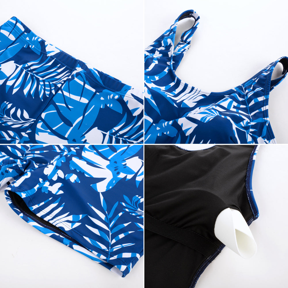 KK Women 2pcs Set Swimsuit Front Slit Padded Swim Dress+High Waist Briefs