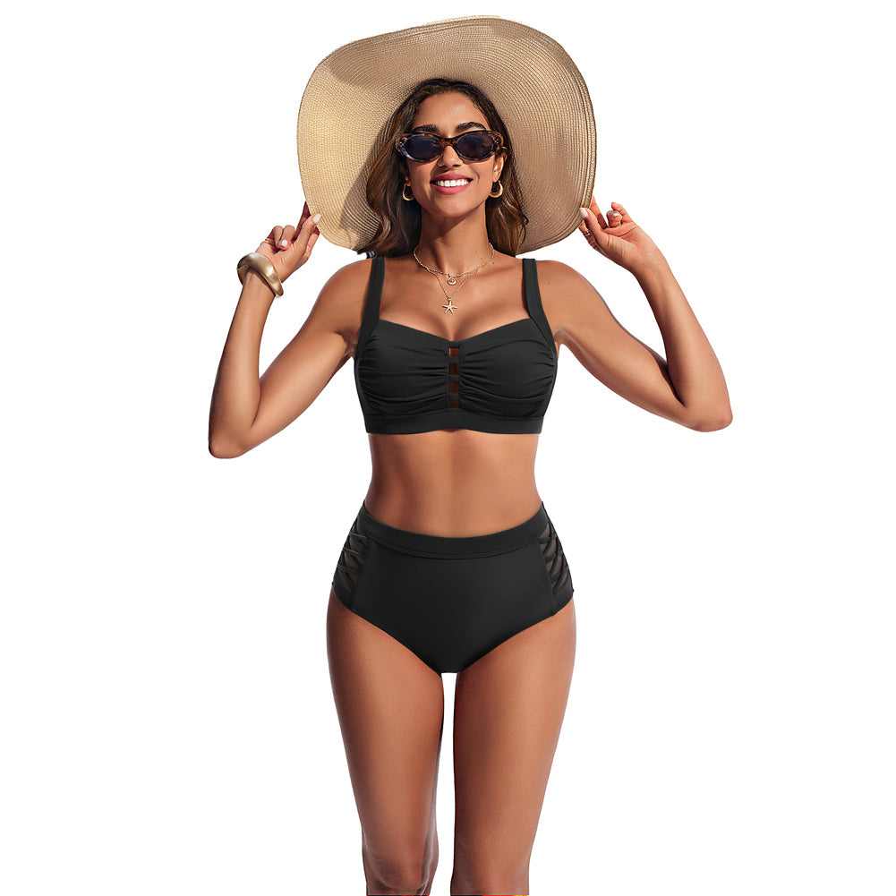 Hanna Nikole Women's Bikini Sets High Waisted, 2 Piece Bathing Suit Tummy Control, Push Up Cutout Ruched Swimsuit Beachwear