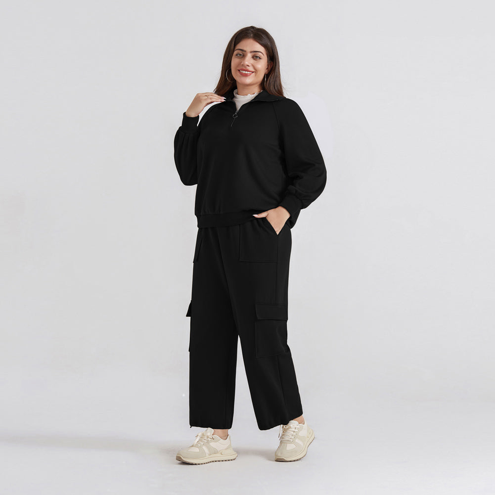 HN Women Plus Size 2pcs Set Outfits Casual Lapel Collar Tops+Wide-Leg Pants