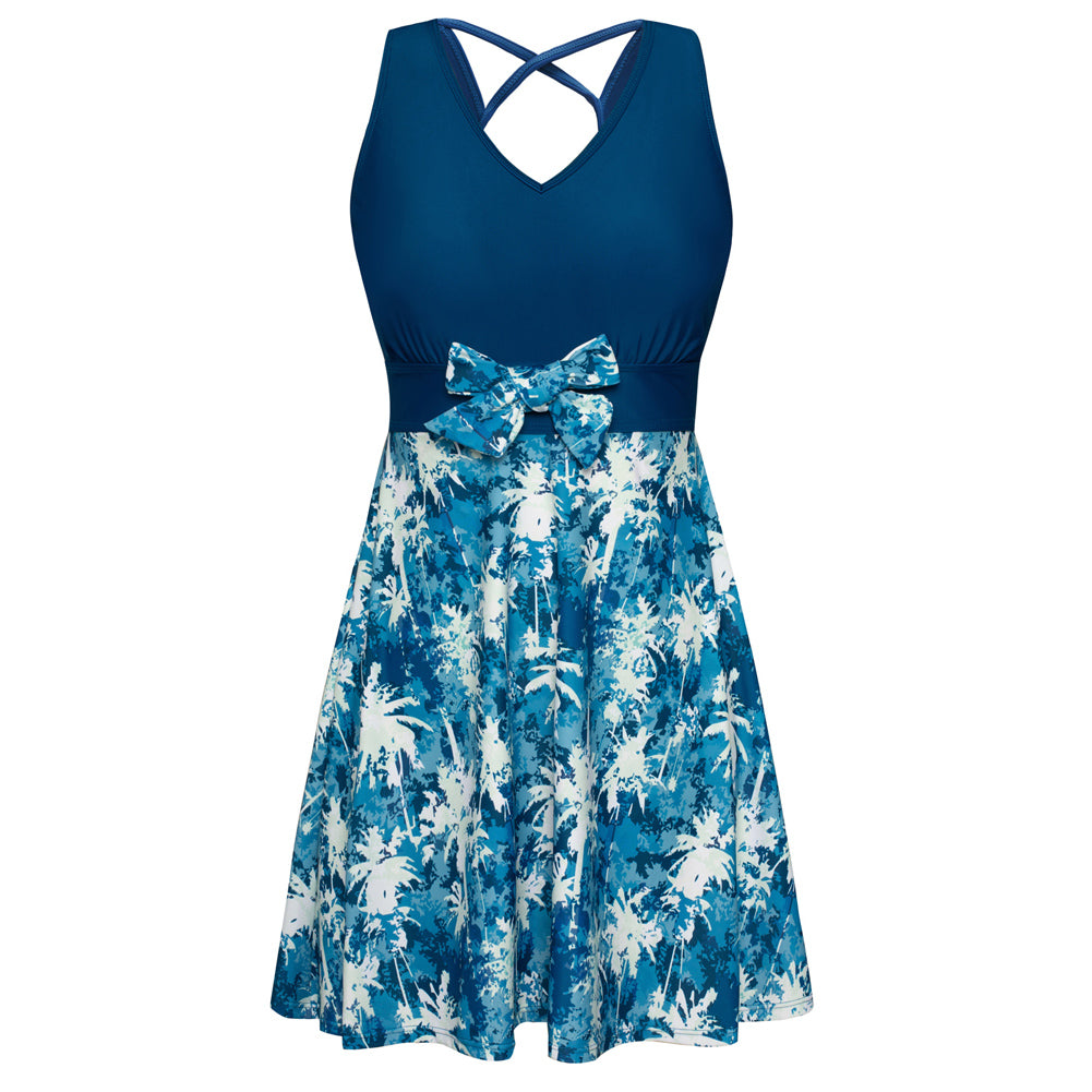 Women Separated Swimsuit Sleeveless V-Neck Swim Dress+Briefs Swimwear