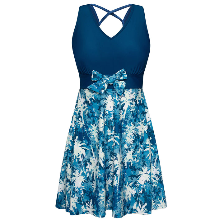 Women Separated Swimsuit Sleeveless V-Neck Swim Dress+Briefs Swimwear