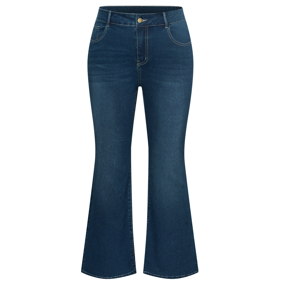 HN Women Plus Size Flared Bottoms High Waist Multi-Pocket Jean Pants Jeans