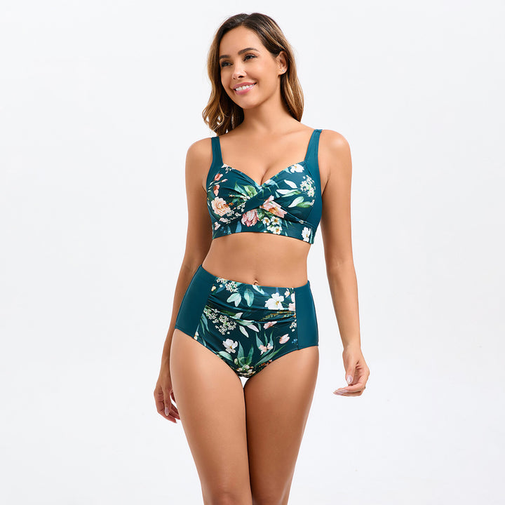 HN Women Contrast Color Swimsuit Knotted Bodice Padded Swim Tops+Ruched Briefs