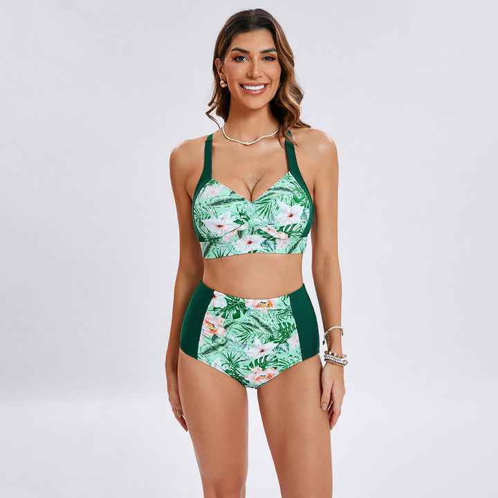 HN Women Contrast Color Swimsuit Knotted Bodice Padded Swim Tops+Ruched Briefs