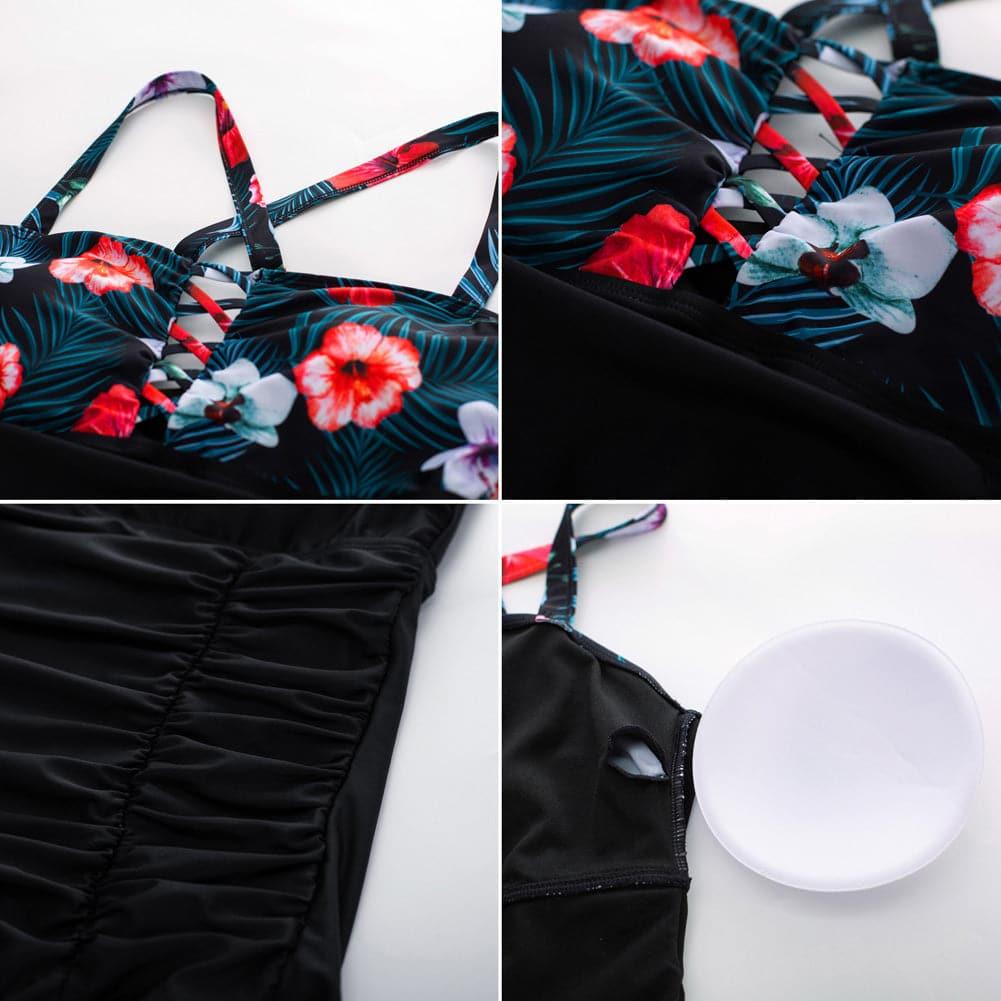 HN Purple Waves Plus Size Hollowed-out Bathing Suit Cross Back Ruched Swimwear - Hanna Nikole#color_black-flower
