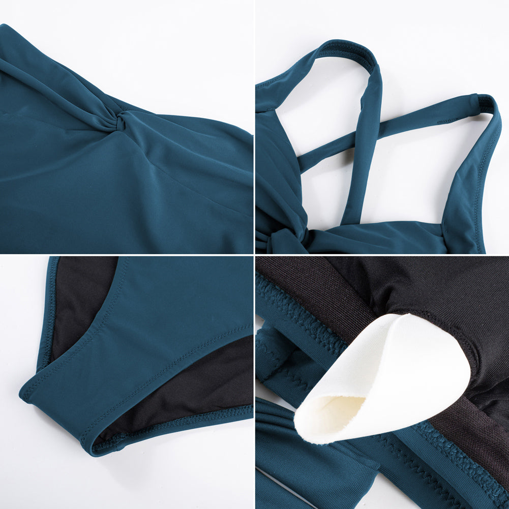 HN Women Knotted Design Swimsuit Cross-Back Padded Swim Tops+Briefs Swimwear