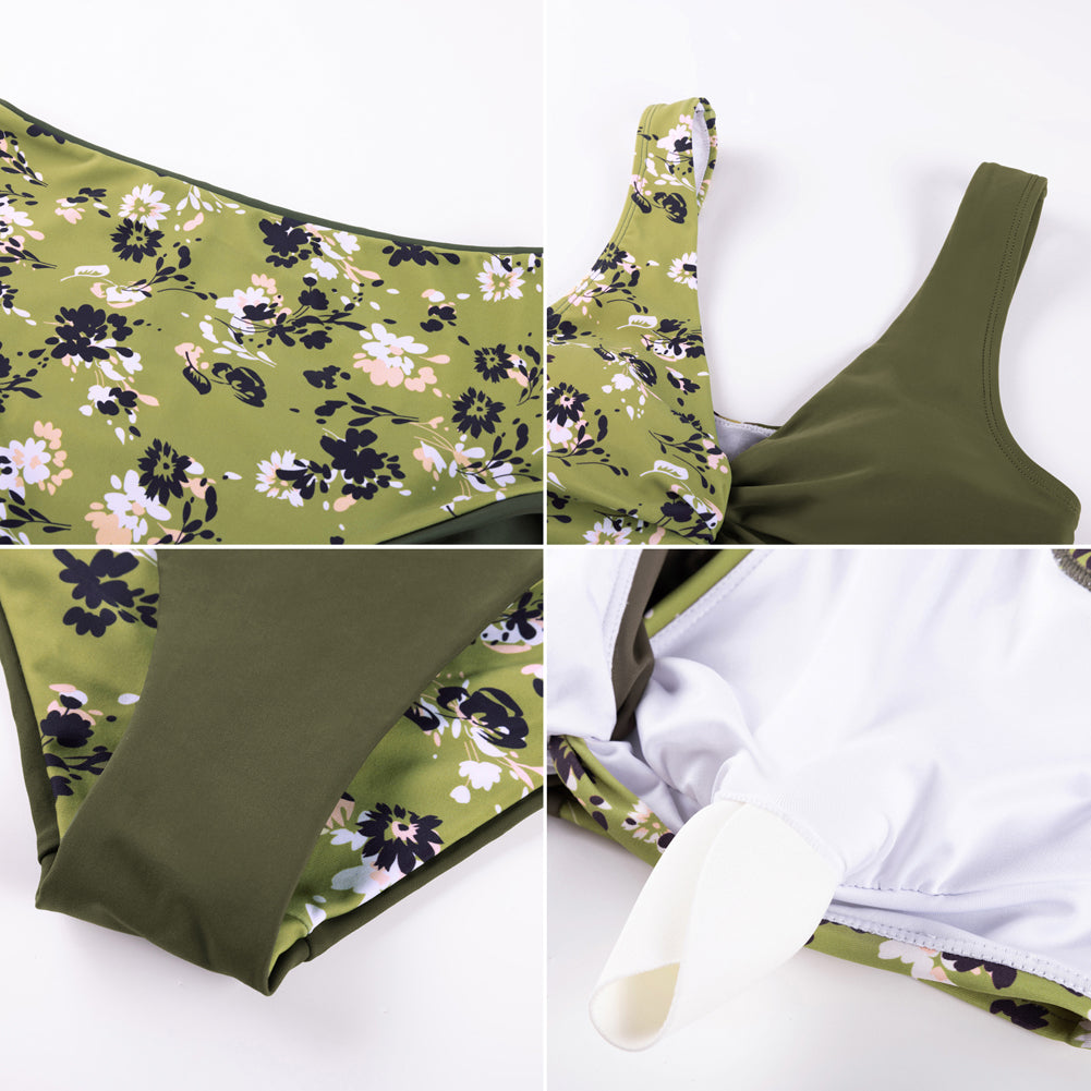 Hanna Nikole High Waisted Bikini Sets for Women, Color Block Swimsuits, Deep V Twist Front Bikini Top + Reversible Bottom