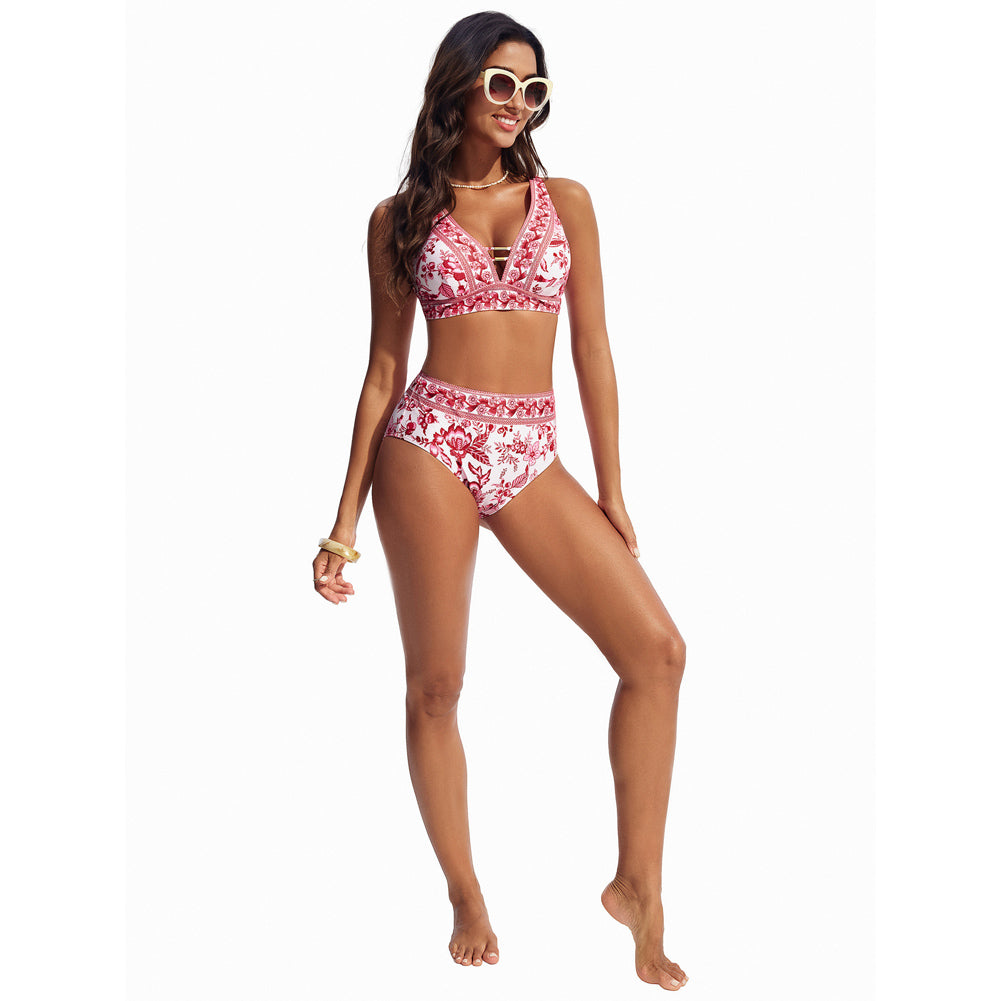 Hanna Nikole Womens High Waisted Bikini Sets Floral Print, 2 Piece Swimsuits Cutout, V Neck Bathing Suits Sexy Swimwear