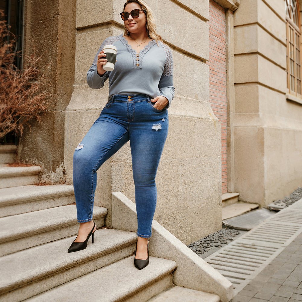 HN Women Plus Size Scratched Jeans High Waist Multi-Pocket Skinny Jean Pants