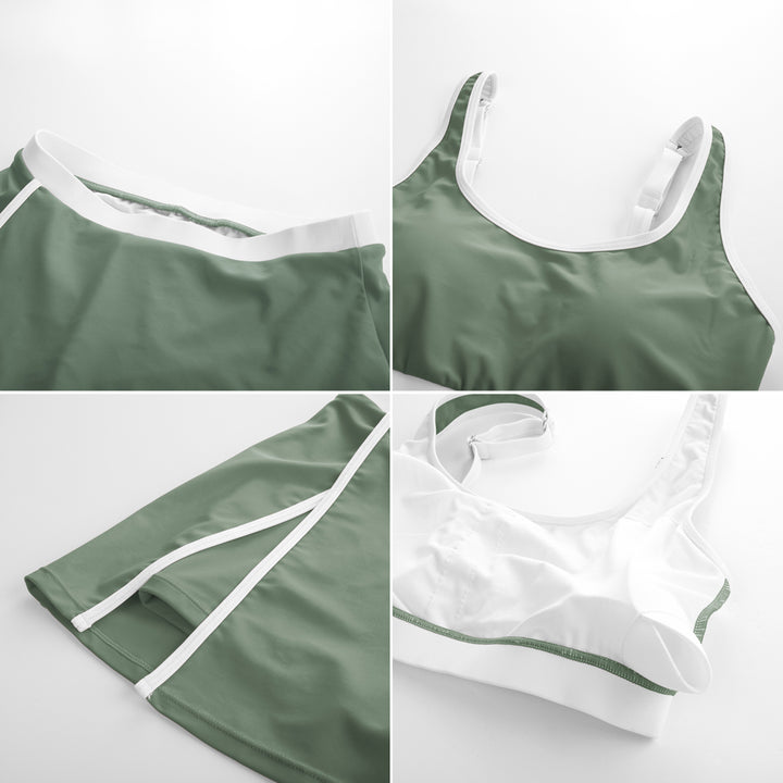 HN Women 2pcs Set Swimsuit U-Neck Padded Swim Tops+Elastic Waist Skirt Swimwear