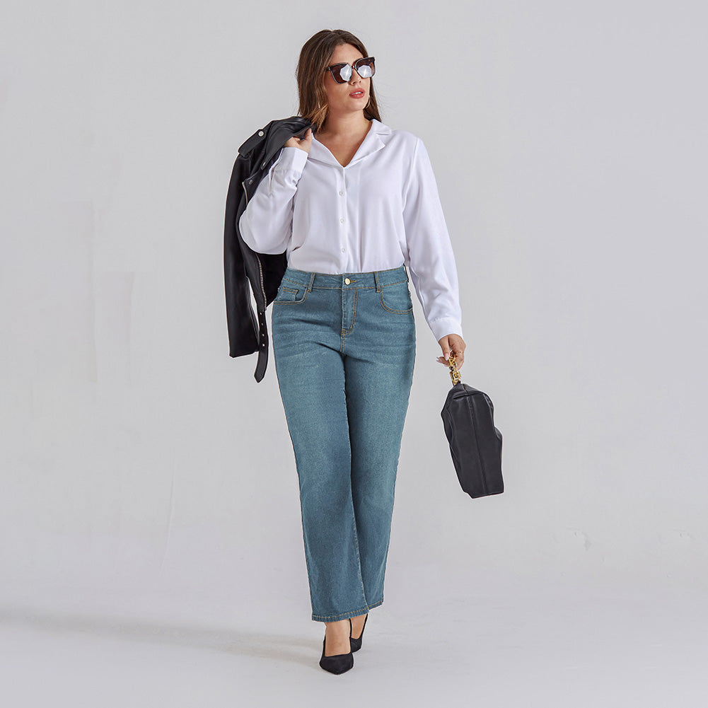 HN Women Plus Size Flared Bottoms High Waist Multi-Pocket Jean Pants Jeans