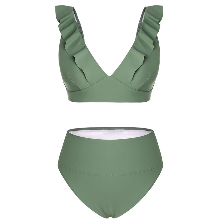 HN Women 2pcs Set Swimsuit Plunging V-Neck Padded Swim Tops+High Waist Briefs