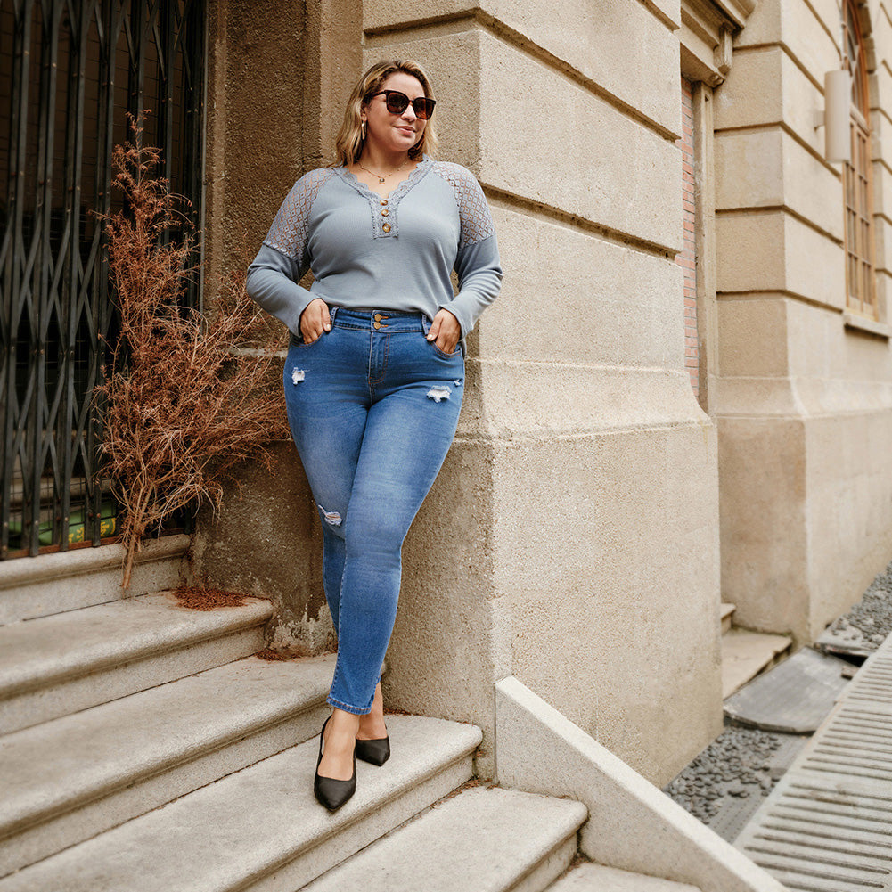 HN Women Plus Size Scratched Jeans High Waist Multi-Pocket Skinny Jean Pants