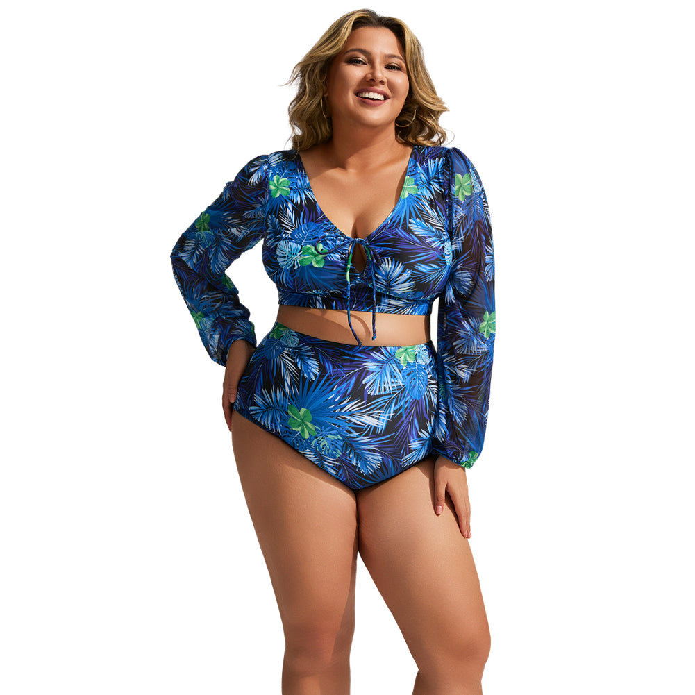 HN Women Plus Size 2pcs Set Swimsuit Long Sleeve V-Neck Padded Tops+Briefs