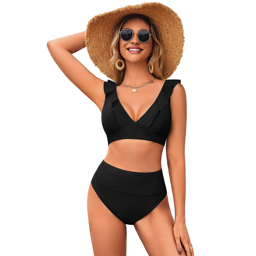 HN Women 2pcs Set Swimsuit Plunging V-Neck Padded Swim Tops+High Waist Briefs
