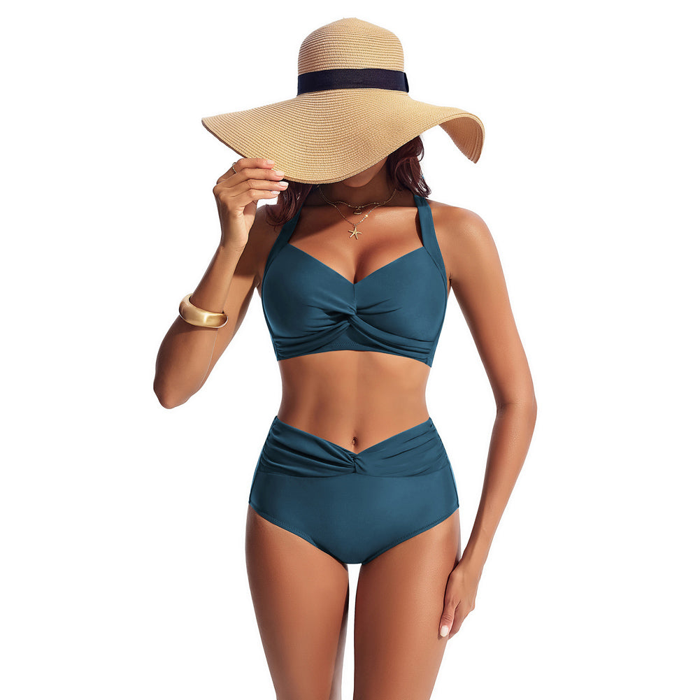 HN Women Knotted Design Swimsuit Cross-Back Padded Swim Tops+Briefs Swimwear