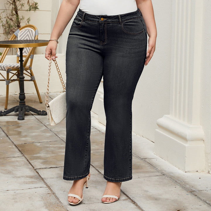 HN Women Plus Size Flared Bottoms High Waist Multi-Pocket Jean Pants Jeans