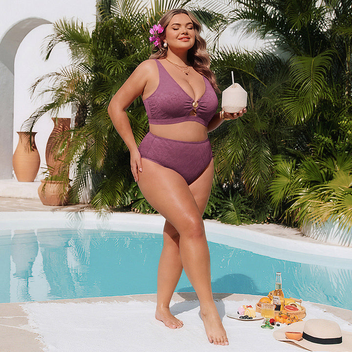 Hanna Nikole Women High Waisted Bikini Sets, 2 Piece Swimsuits Tummy Control, Textured Bathing Suit, Metal Cutout Swimwear