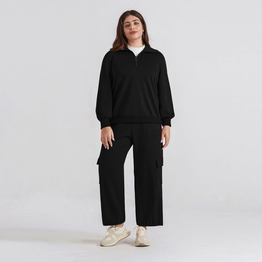 HN Women Plus Size 2pcs Set Outfits Casual Lapel Collar Tops+Wide-Leg Pants