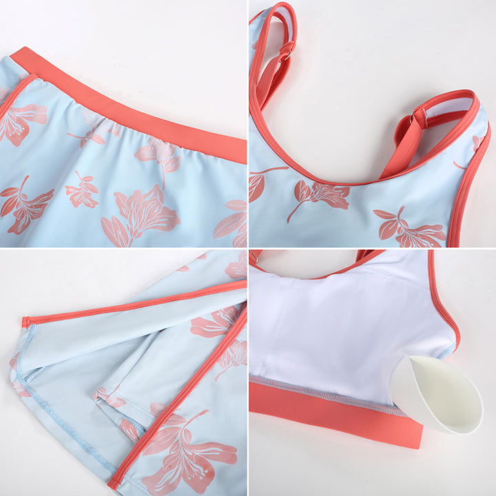 HN Women 2pcs Set Swimsuit U-Neck Padded Swim Tops+Elastic Waist Skirt Swimwear