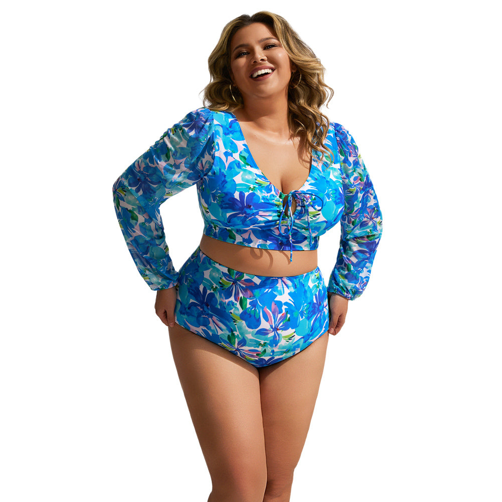 HN Women Plus Size 2pcs Set Swimsuit Long Sleeve V-Neck Padded Tops+Briefs