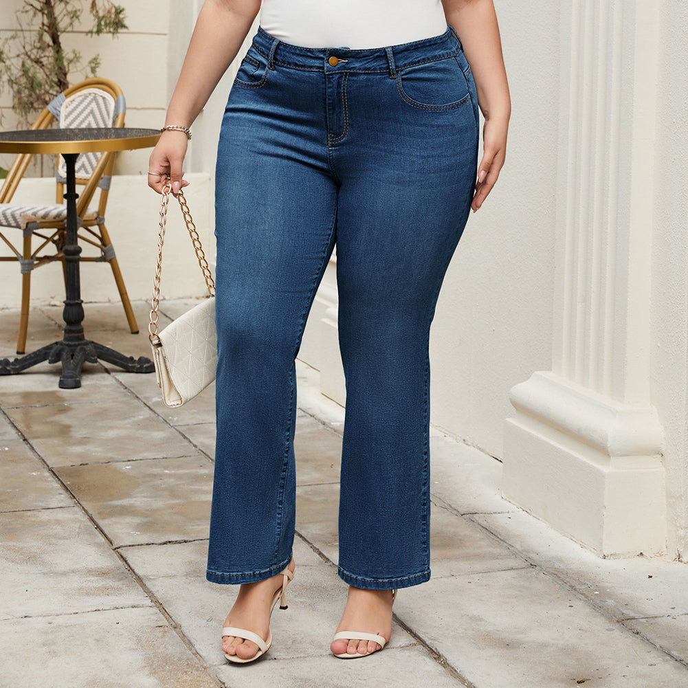 HN Women Plus Size Flared Bottoms High Waist Multi-Pocket Jean Pants Jeans