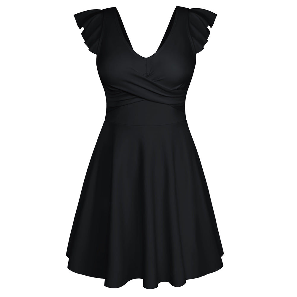 KK Women 2pcs Set Contrast Color Swimsuit V-Neck Padded Swim Dress+Briefs