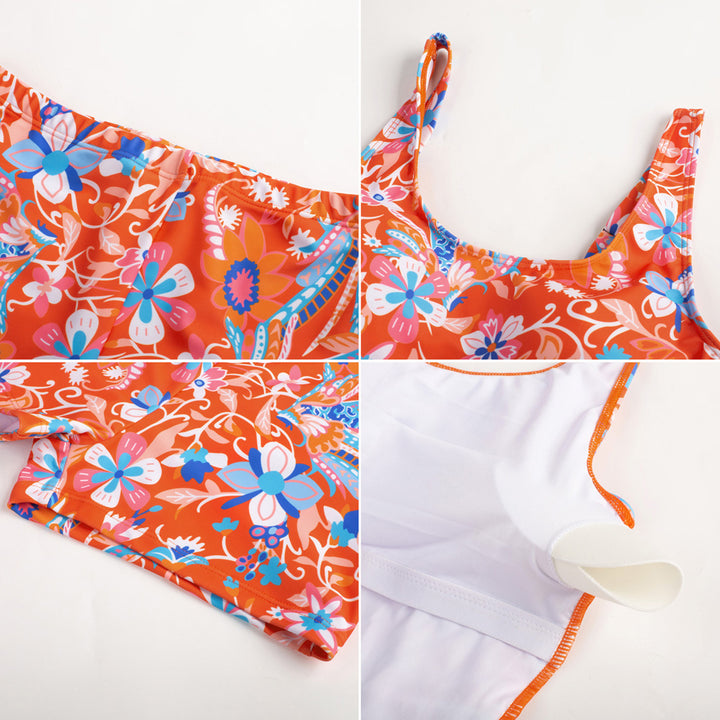 KK Women 2pcs Set Swimsuit Front Slit Padded Swim Dress+High Waist Briefs