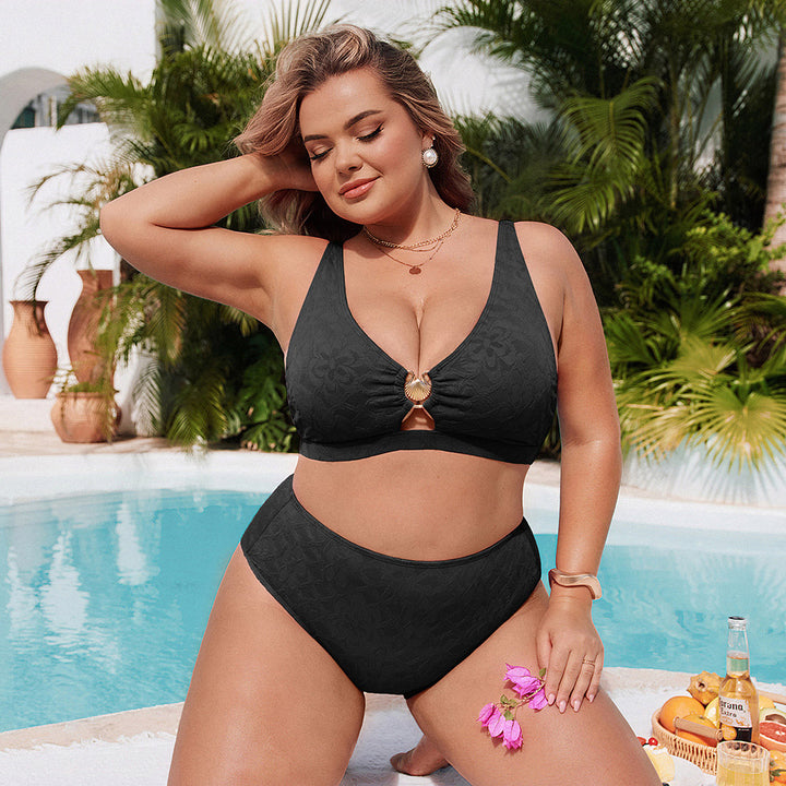 Hanna Nikole Women High Waisted Bikini Sets, 2 Piece Swimsuits Tummy Control, Textured Bathing Suit, Metal Cutout Swimwear