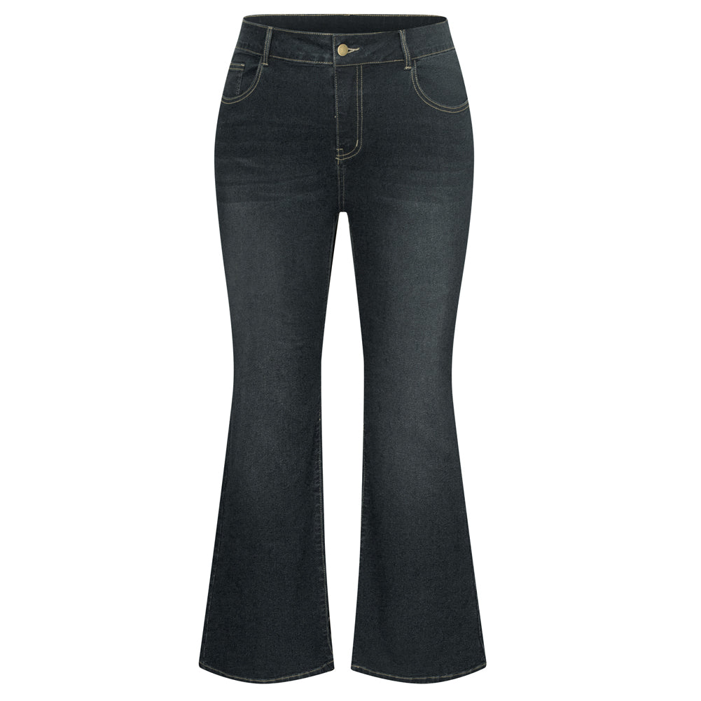 HN Women Plus Size Flared Bottoms High Waist Multi-Pocket Jean Pants Jeans