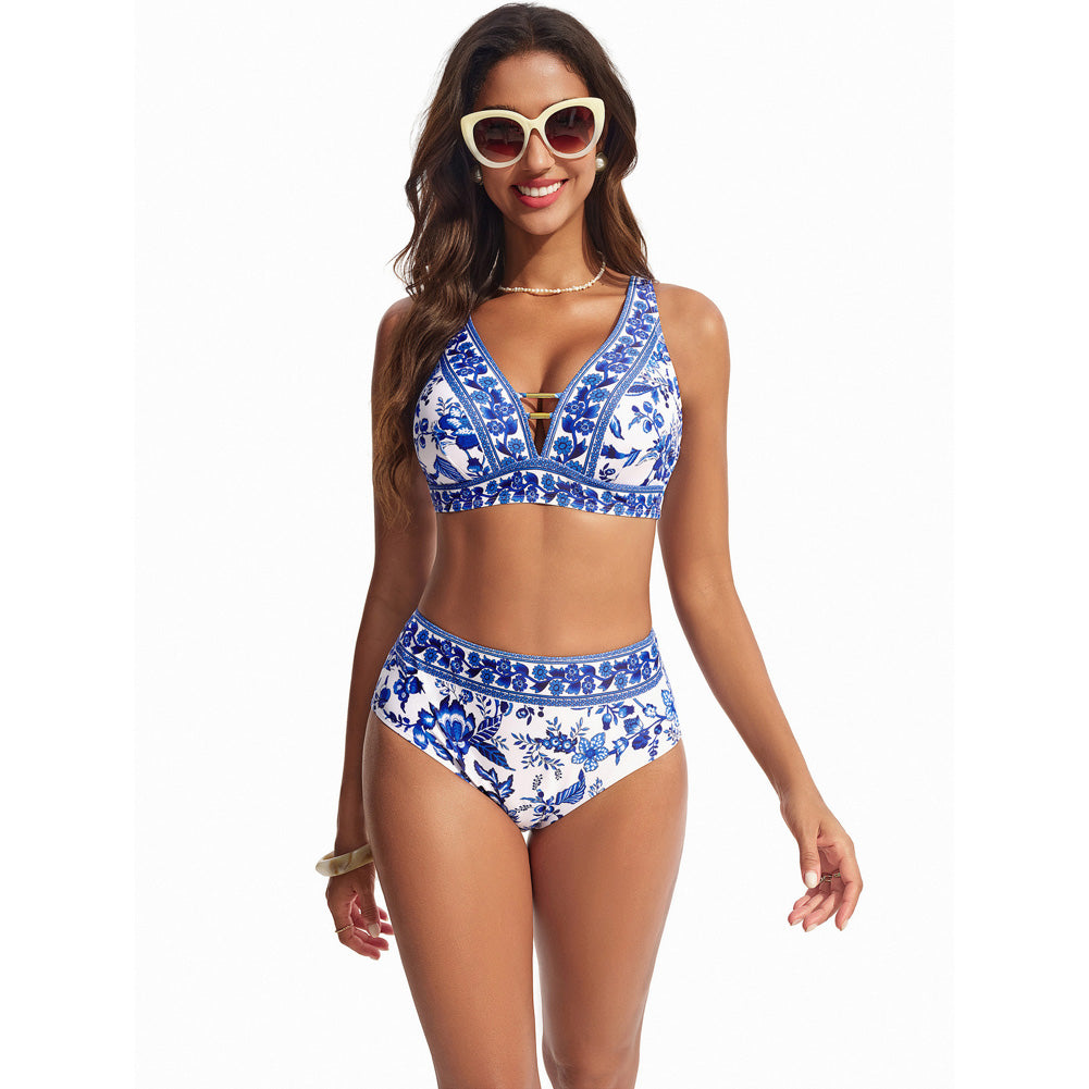 Hanna Nikole Womens High Waisted Bikini Sets Floral Print, 2 Piece Swimsuits Cutout, V Neck Bathing Suits Sexy Swimwear
