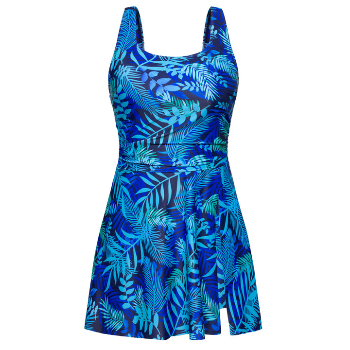 KK Women 2pcs Set Swimsuit Front Slit Padded Swim Dress+High Waist Briefs