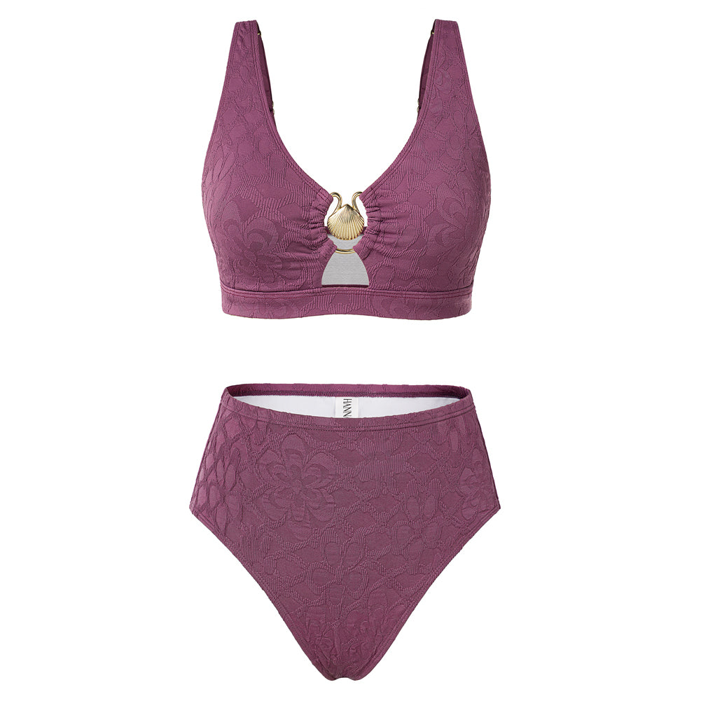 Hanna Nikole Women High Waisted Bikini Sets, 2 Piece Swimsuits Tummy Control, Textured Bathing Suit, Metal Cutout Swimwear