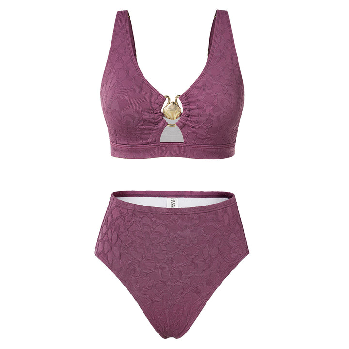 Hanna Nikole Women High Waisted Bikini Sets, 2 Piece Swimsuits Tummy Control, Textured Bathing Suit, Metal Cutout Swimwear