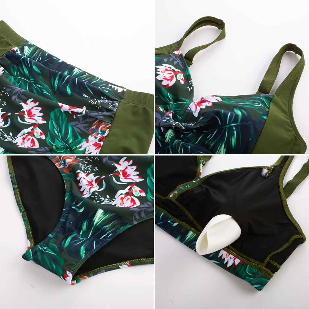 HN Women Contrast Color Swimsuit Knotted Bodice Padded Swim Tops+Ruched Briefs