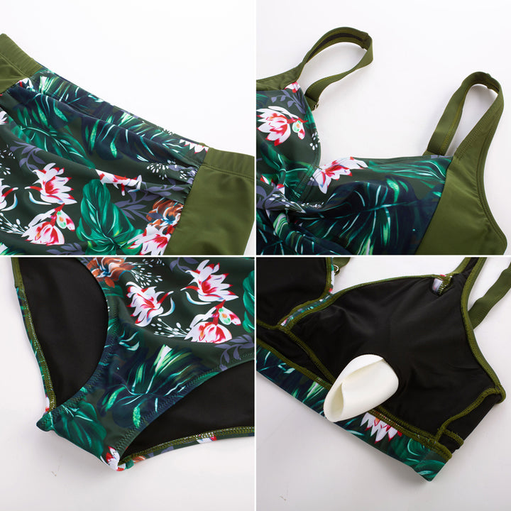 HN Women Contrast Color Swimsuit Knotted Bodice Padded Swim Tops+Ruched Briefs
