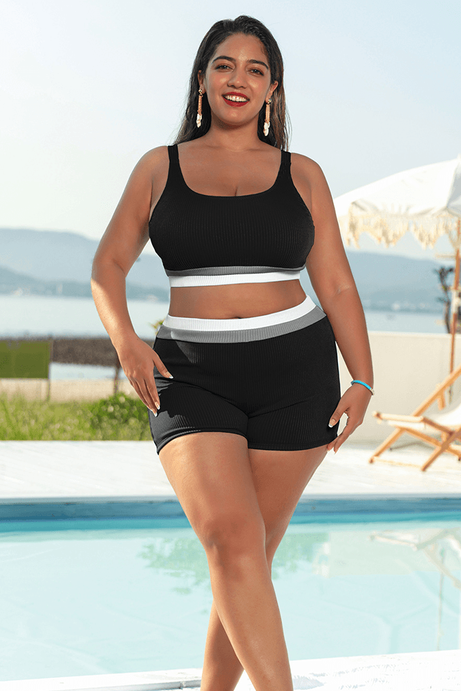 HN Women Plus Size Contrast Color Swimsuit Padded Cropped Tops+Boxer Briefs - Hanna Nikole