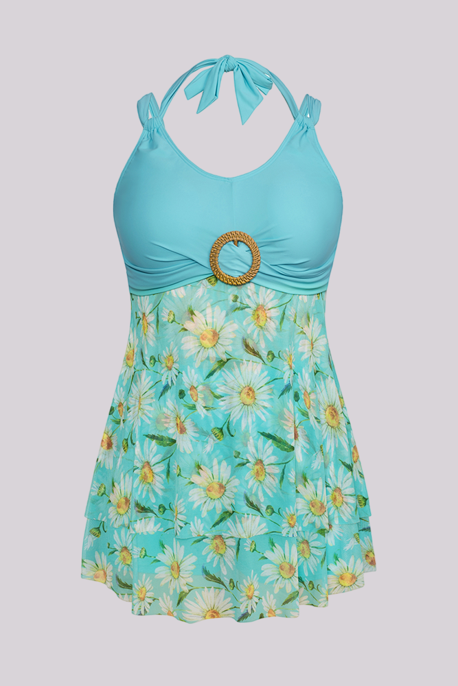 HN Women Plus Size 2pcs Set Swimsuit V-Neck Padded Swim Dress+Briefs Swimwear - Hanna Nikole#color_blue-daisy