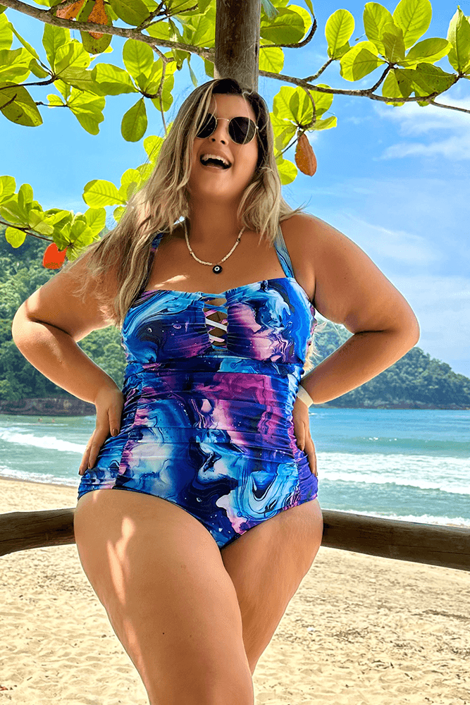 HN Purple Waves Plus Size Hollowed-out Bathing Suit Cross Back Ruched Swimwear - Hanna Nikole#color_purple-waves