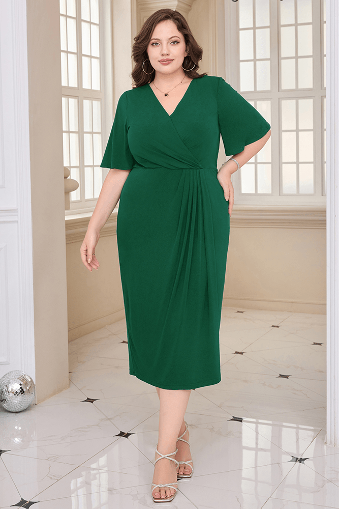 HN Wrap Casual Short Sleeve V-Neck Straight Midi Dress - Hanna Nikole#color_dark-green