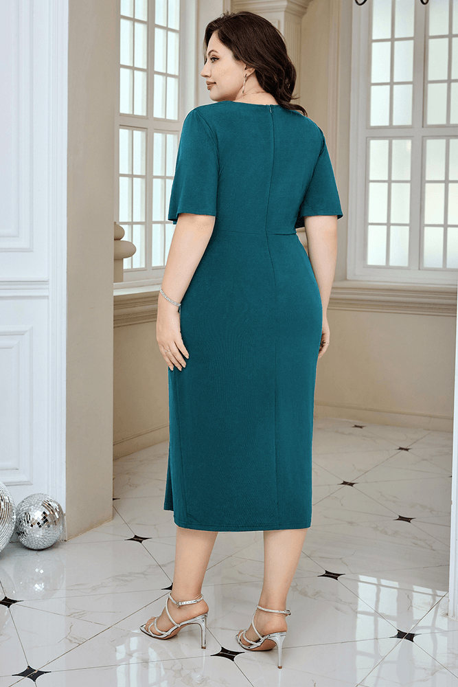 HN Wrap Casual Short Sleeve V-Neck Straight Midi Dress - Hanna Nikole#color_peacock-blue