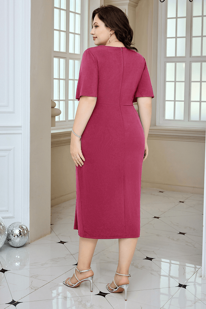 HN Wrap Casual Short Sleeve V-Neck Straight Midi Dress - Hanna Nikole#color_rose-red