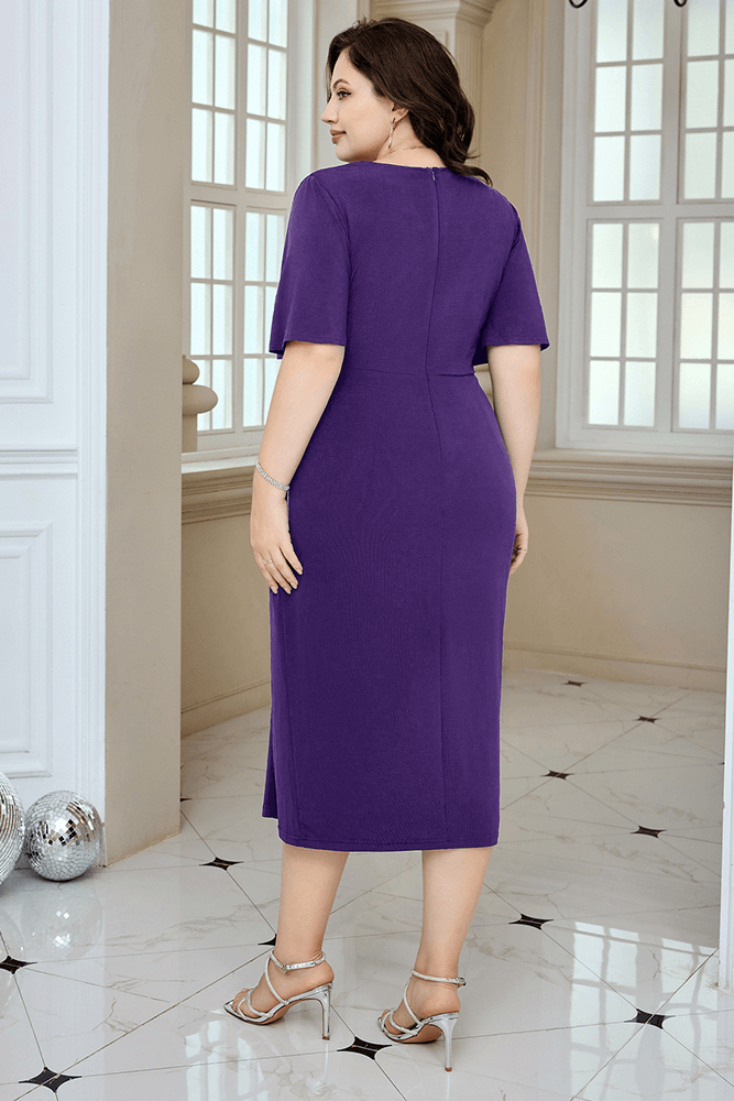 HN Wrap Casual Short Sleeve V-Neck Straight Midi Dress - Hanna Nikole#color_purple