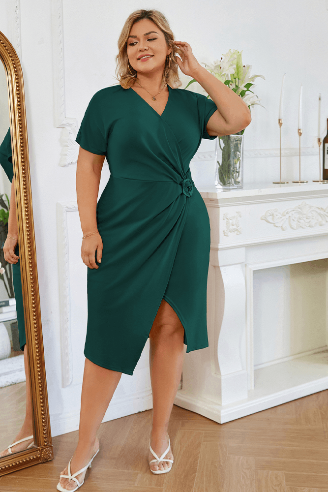 HN Women Plus Size Wrap Hem Dress OL Short Sleeve V Neck Midi Bodycon Hanna Nikole