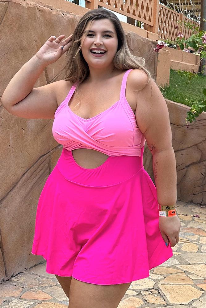 HN Pink Plus Size Hollowed-out Swim Dress with Attached Briefs