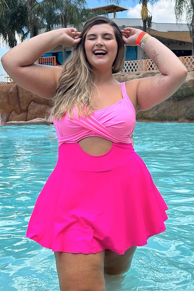 HN Pink Plus Size Hollowed-out Swim Dress with Attached Briefs Padded Swimwear - Hanna Nikole
