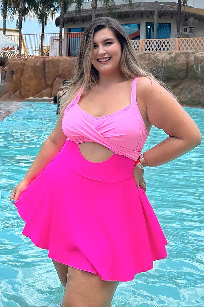 HN Pink Plus Size Hollowed-out Swim Dress with Attached Briefs Padded Swimwear - Hanna Nikole