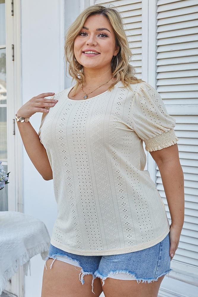 HN Women Plus Size Hollowed-out Tops Short Sleeve Crew Neck Pullover Tops - Hanna Nikole