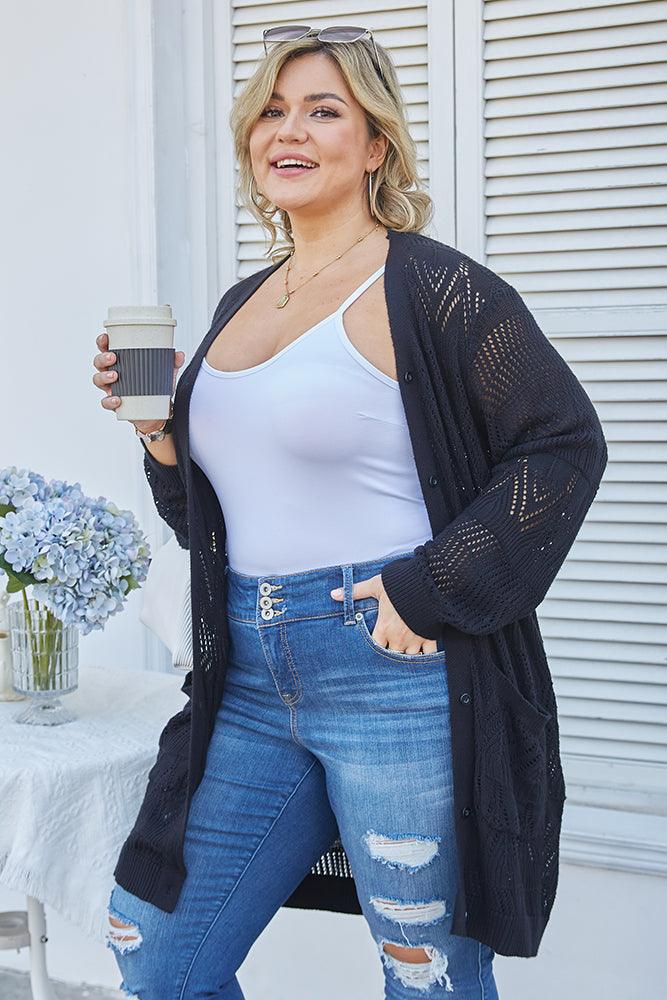 HN Women Plus Size Hollowed-out Cardigan Long Sleeve V-Neck Button-up Sweater - Hanna Nikole