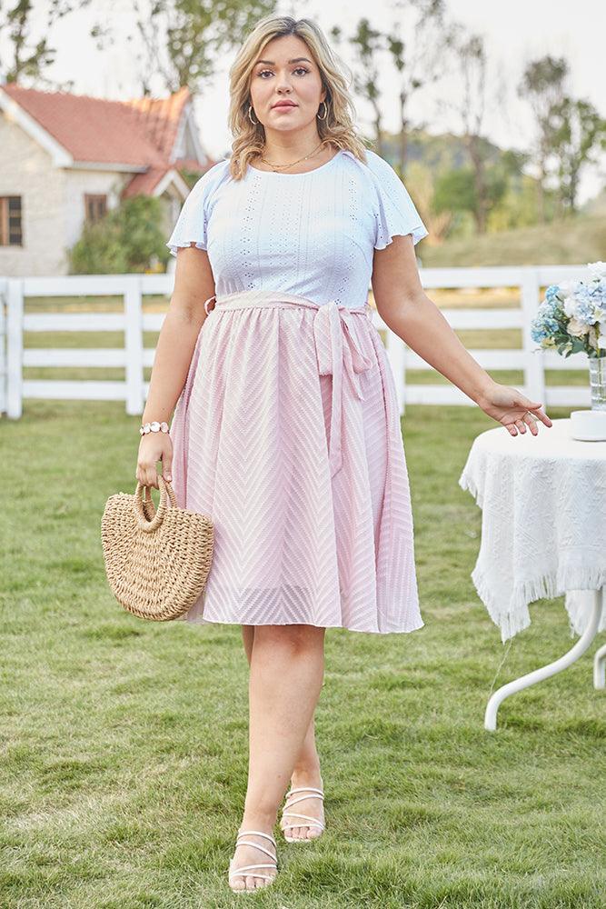 Women Plus Size Contrast Fabric Dress Short Sleeve Crew Neck